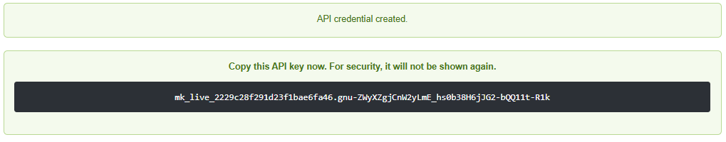 Potvrda izrade API vjerodajnice