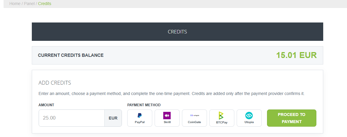 Obrazac Add Credits s iznosom i dostupnim načinima plaćanja